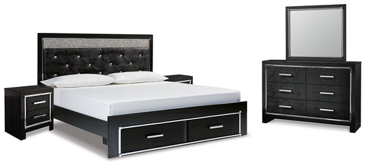 Kaydell King Upholstered Panel Storage Bed with Mirrored Dresser and 2 Nightstands at Walker Mattress and Furniture Locations in Cedar Park and Belton TX.