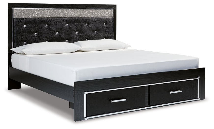 Kaydell King Upholstered Panel Storage Bed with Mirrored Dresser and Chest at Walker Mattress and Furniture Locations in Cedar Park and Belton TX.