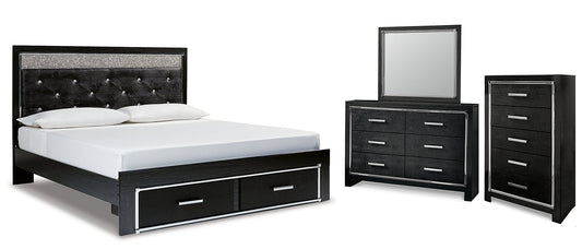 Kaydell King Upholstered Panel Storage Bed with Mirrored Dresser and Chest at Walker Mattress and Furniture Locations in Cedar Park and Belton TX.