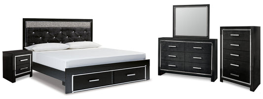 Kaydell King Upholstered Panel Storage Platform Bed with Mirrored Dresser, Chest and Nightstand at Walker Mattress and Furniture Locations in Cedar Park and Belton TX.