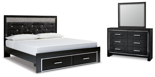 Kaydell King Upholstered Panel Storage Platform Bed with Mirrored Dresser at Walker Mattress and Furniture Locations in Cedar Park and Belton TX.