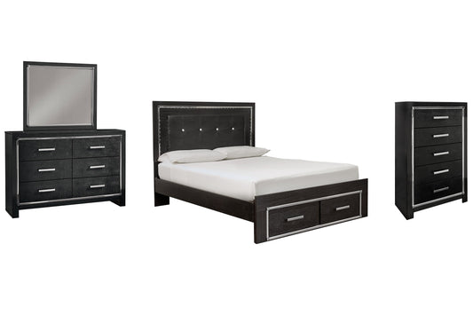 Kaydell Queen Panel Bed with Storage with Mirrored Dresser and Chest at Walker Mattress and Furniture Locations in Cedar Park and Belton TX.