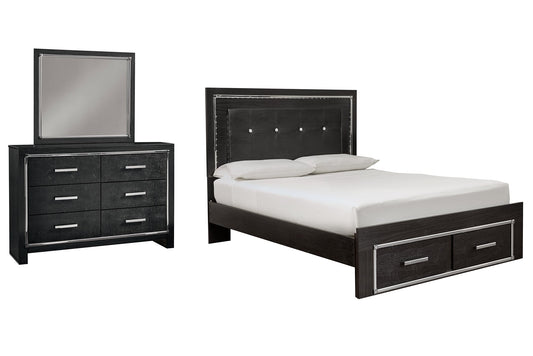 Kaydell Queen Panel Bed with Storage with Mirrored Dresser at Walker Mattress and Furniture Locations in Cedar Park and Belton TX.