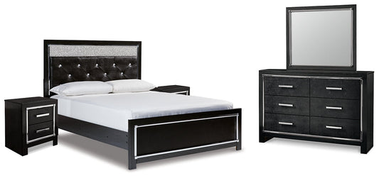 Kaydell Queen Upholstered Panel Bed with Mirrored Dresser and 2 Nightstands at Walker Mattress and Furniture Locations in Cedar Park and Belton TX.