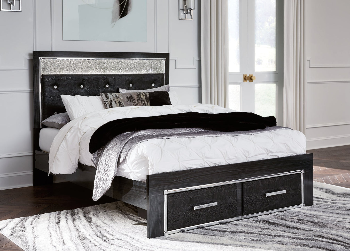 Kaydell Queen Upholstered Panel Storage Bed with Mirrored Dresser, Chest and Nightstand at Walker Mattress and Furniture Locations in Cedar Park and Belton TX.