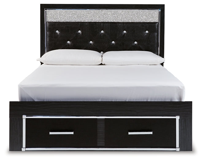 Kaydell Queen Upholstered Panel Storage Bed with Mirrored Dresser, Chest and Nightstand at Walker Mattress and Furniture Locations in Cedar Park and Belton TX.