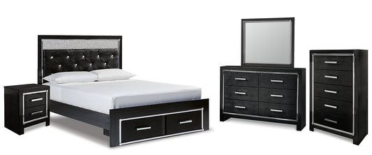 Kaydell Queen Upholstered Panel Storage Bed with Mirrored Dresser, Chest and Nightstand at Walker Mattress and Furniture Locations in Cedar Park and Belton TX.