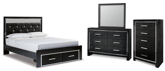 Kaydell Queen Upholstered Panel Storage Bed with Mirrored Dresser and Chest at Walker Mattress and Furniture Locations in Cedar Park and Belton TX.