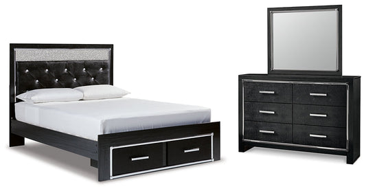 Kaydell Queen Upholstered Panel Storage Bed with Mirrored Dresser at Walker Mattress and Furniture Locations in Cedar Park and Belton TX.