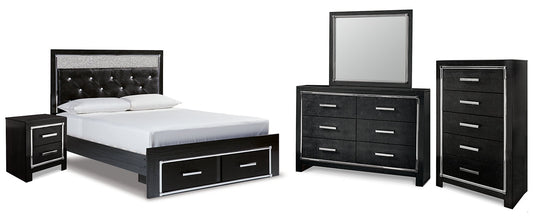 Kaydell Queen Upholstered Panel Storage Platform Bed with Mirrored Dresser, Chest and Nightstand at Walker Mattress and Furniture Locations in Cedar Park and Belton TX.