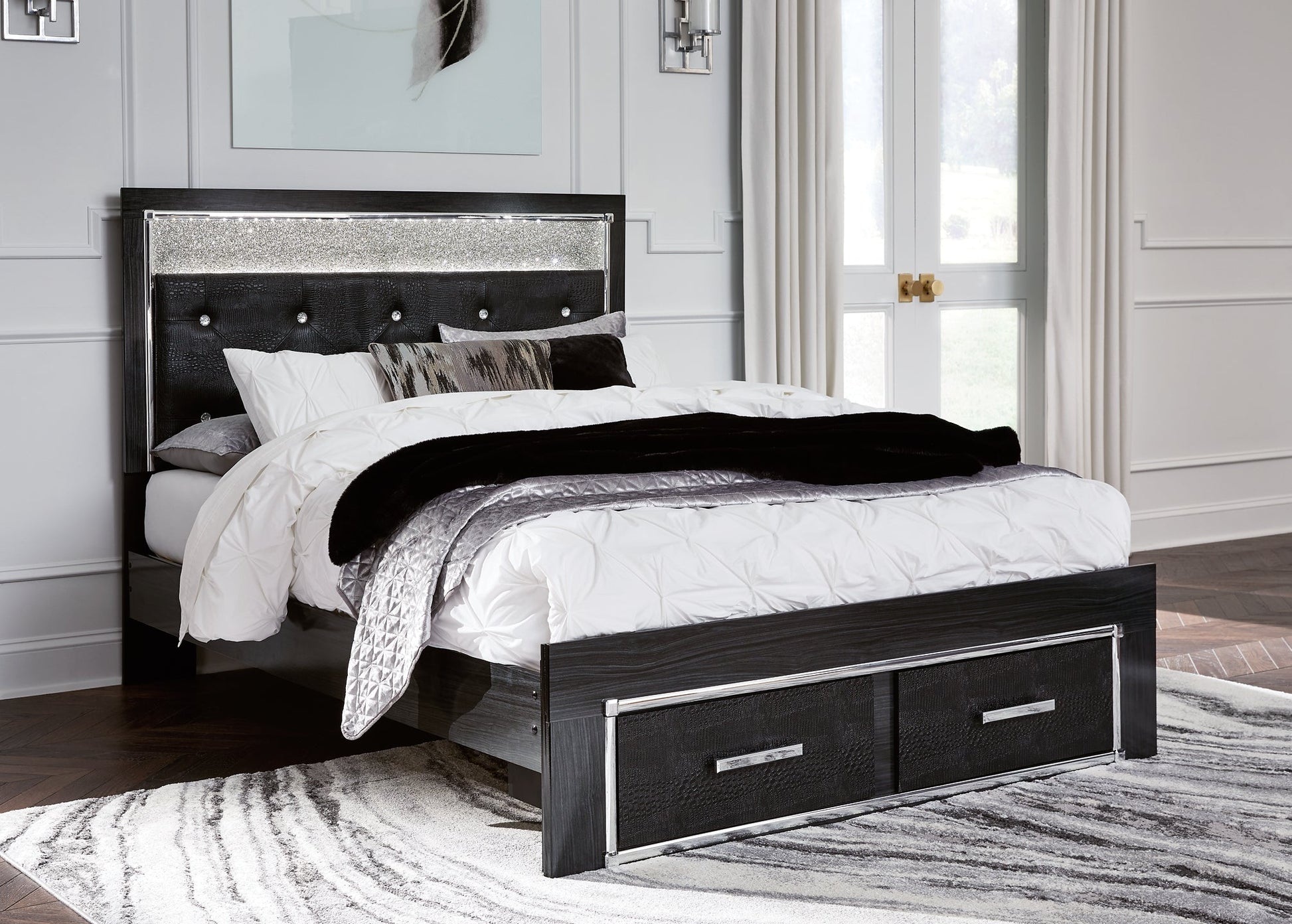 Kaydell Queen Upholstered Panel Storage Platform Bed with Mirrored Dresser at Walker Mattress and Furniture Locations in Cedar Park and Belton TX.