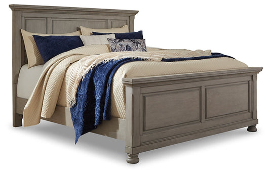 Lettner California King Panel Bed with Mirrored Dresser, Chest and 2 Nightstands at Walker Mattress and Furniture Locations in Cedar Park and Belton TX.