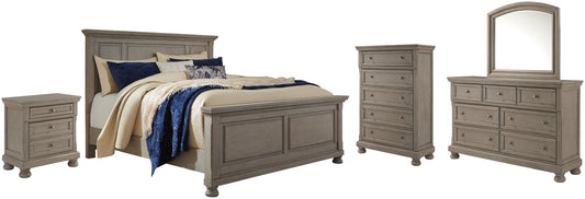 Lettner California King Panel Bed with Mirrored Dresser, Chest and Nightstand at Walker Mattress and Furniture Locations in Cedar Park and Belton TX.