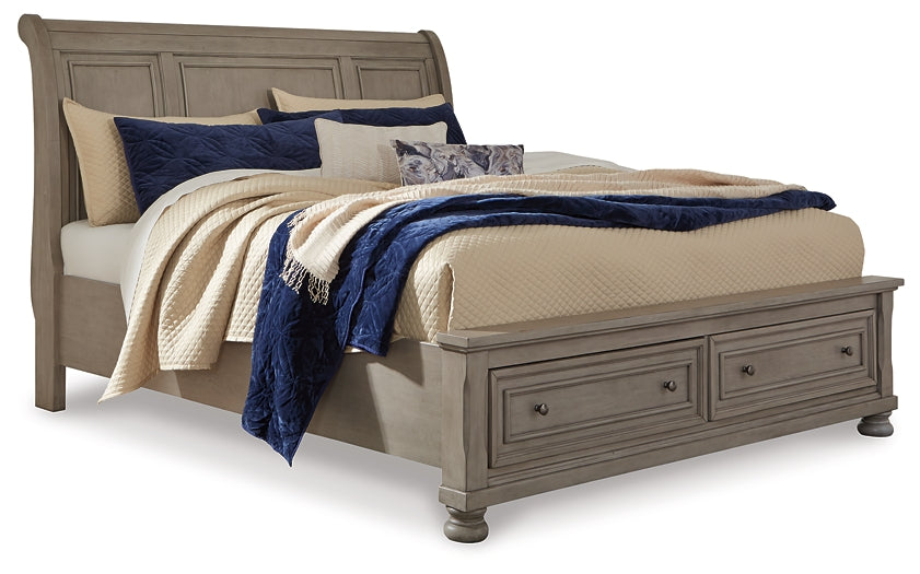 Lettner California King Sleigh Bed with Mirrored Dresser, Chest and 2 Nightstands at Walker Mattress and Furniture Locations in Cedar Park and Belton TX.