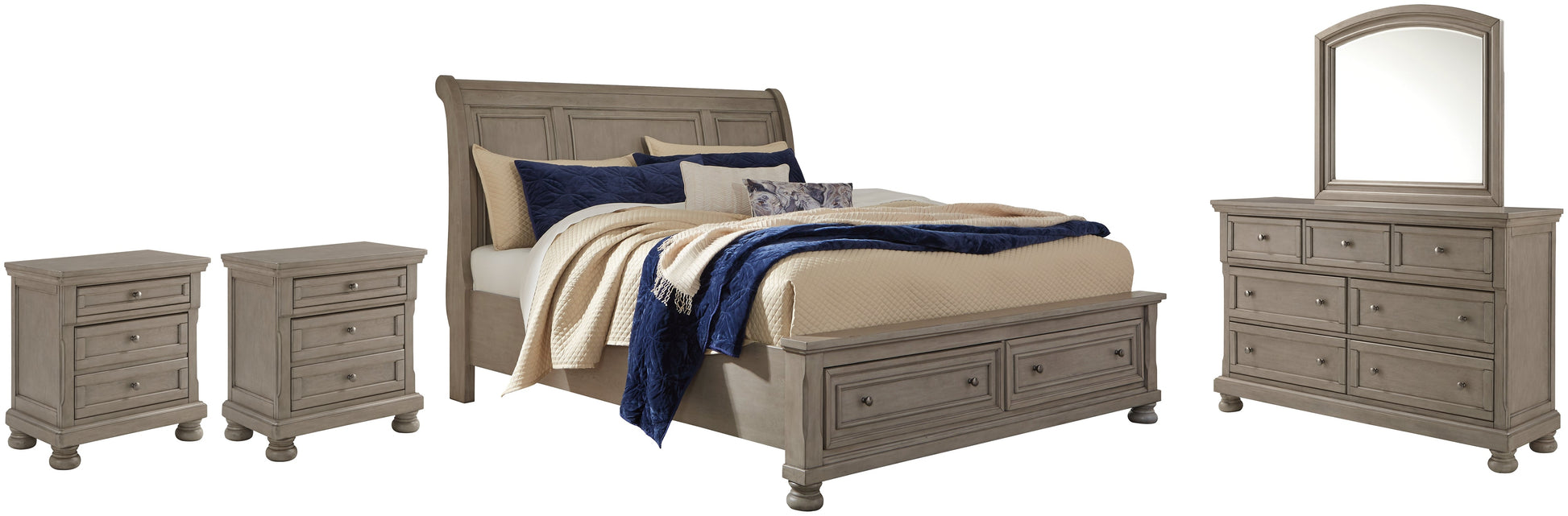 Lettner California King Sleigh Bed with Mirrored Dresser and 2 Nightstands at Walker Mattress and Furniture Locations in Cedar Park and Belton TX.