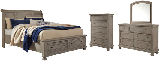 Lettner California King Sleigh Bed with Mirrored Dresser and Chest at Walker Mattress and Furniture Locations in Cedar Park and Belton TX.