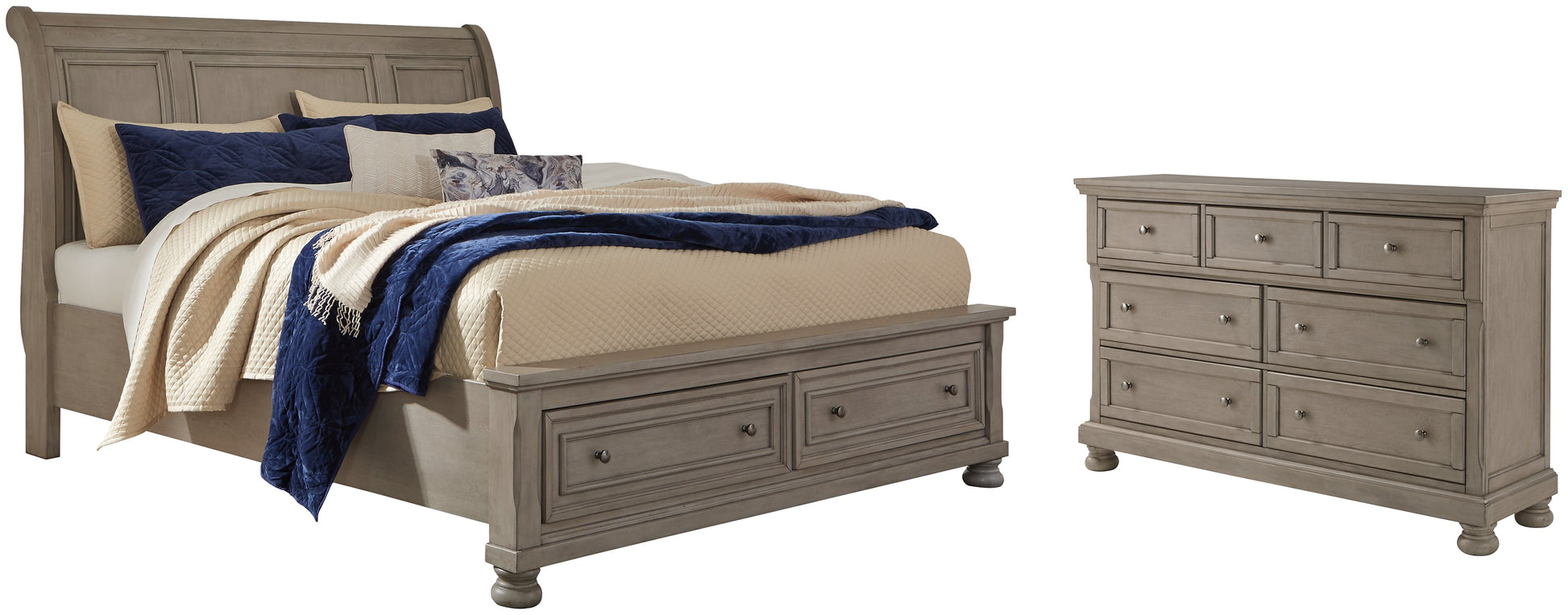 Lettner King Sleigh Bed with 2 Storage Drawers with Dresser at Walker Mattress and Furniture Locations in Cedar Park and Belton TX.
