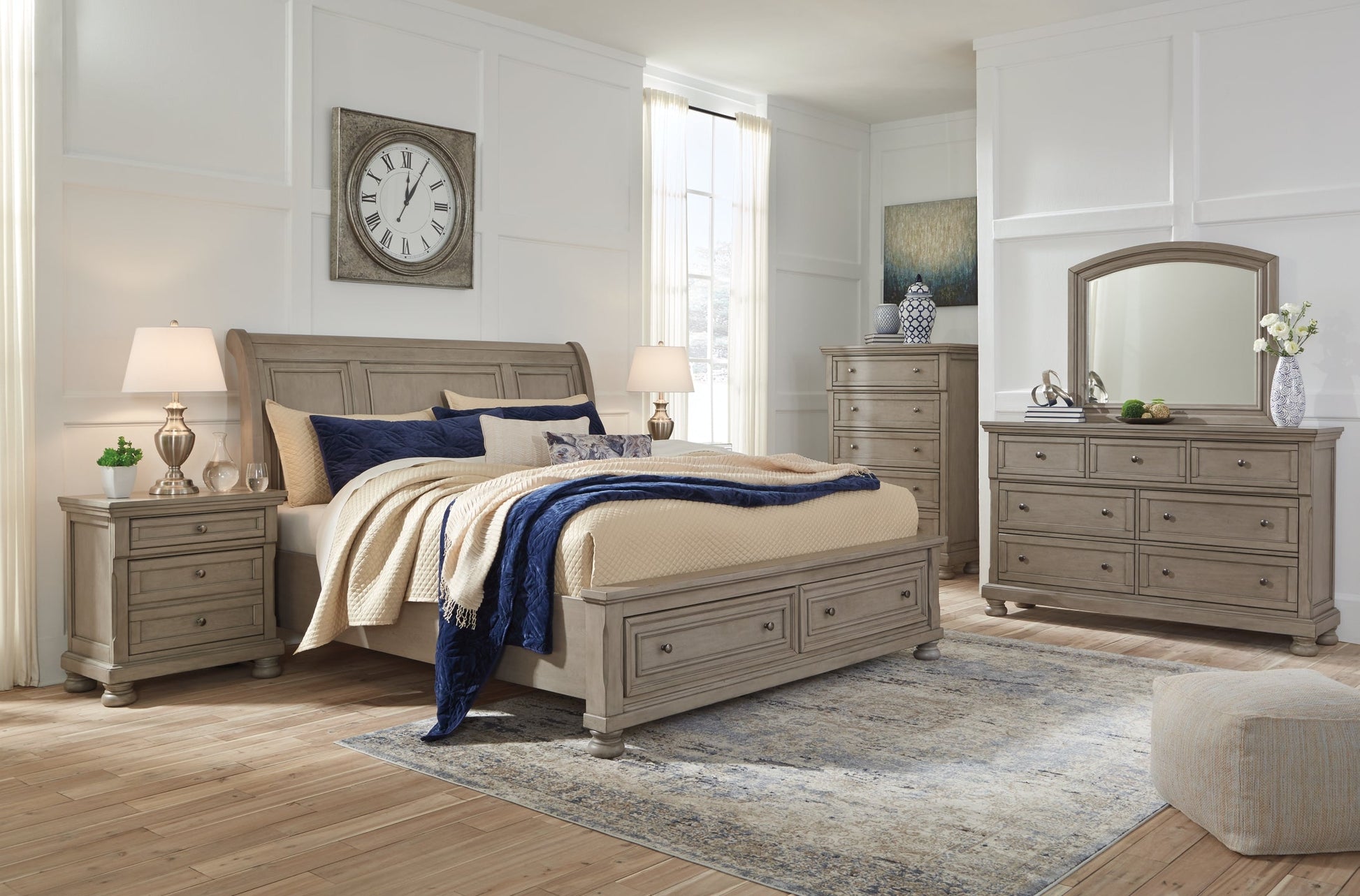 Lettner King Sleigh Bed with 2 Storage Drawers with Mirrored Dresser, Chest and 2 Nightstands at Walker Mattress and Furniture Locations in Cedar Park and Belton TX.