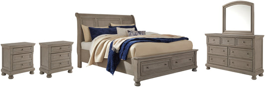 Lettner King Sleigh Bed with 2 Storage Drawers with Mirrored Dresser and 2 Nightstands at Walker Mattress and Furniture Locations in Cedar Park and Belton TX.