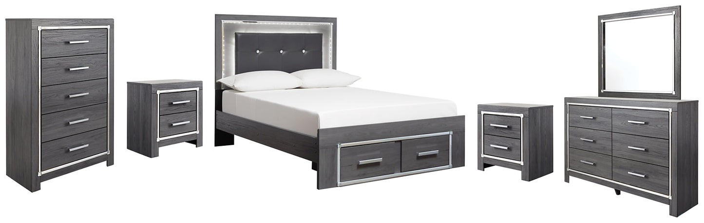 Lodanna Full Panel Bed with 2 Storage Drawers with Mirrored Dresser, Chest and 2 Nightstands at Walker Mattress and Furniture Locations in Cedar Park and Belton TX.