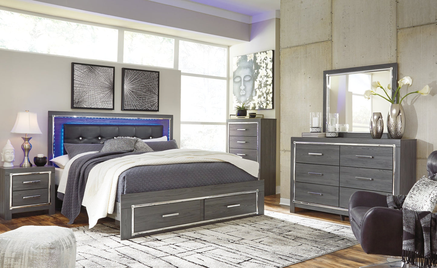 Lodanna King Panel Bed with 2 Storage Drawers with Mirrored Dresser and 2 Nightstands at Walker Mattress and Furniture Locations in Cedar Park and Belton TX.