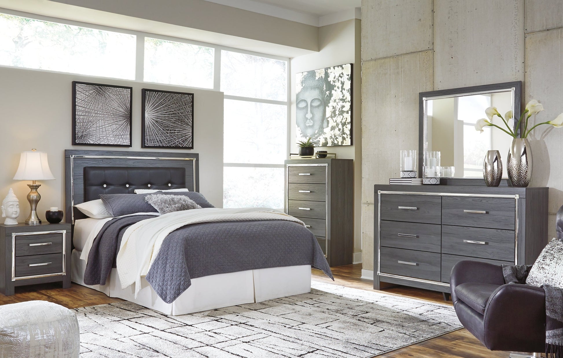 Lodanna Queen/Full Upholstered Panel Headboard with Mirrored Dresser and Chest at Walker Mattress and Furniture Locations in Cedar Park and Belton TX.