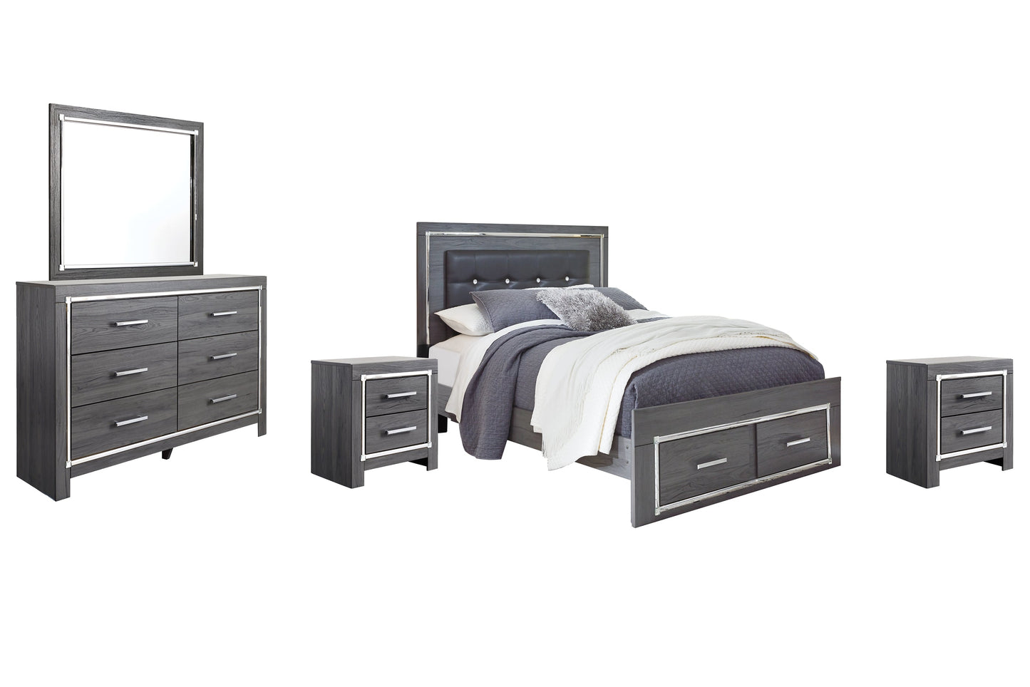 Lodanna Queen Panel Bed with 2 Storage Drawers with Mirrored Dresser and 2 Nightstands at Walker Mattress and Furniture Locations in Cedar Park and Belton TX.