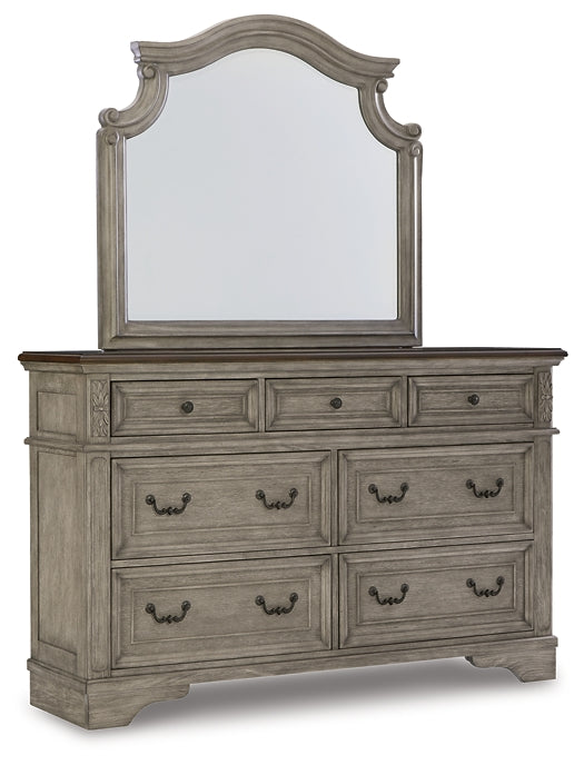 Lodenbay California King Panel Bed with Mirrored Dresser, Chest and Nightstand at Walker Mattress and Furniture Locations in Cedar Park and Belton TX.