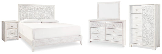 Paxberry King Panel Bed with Mirrored Dresser, Chest and Nightstand at Walker Mattress and Furniture Locations in Cedar Park and Belton TX.