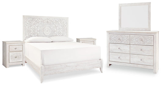 Paxberry King Panel Bed with Mirrored Dresser and 2 Nightstands at Walker Mattress and Furniture Locations in Cedar Park and Belton TX.