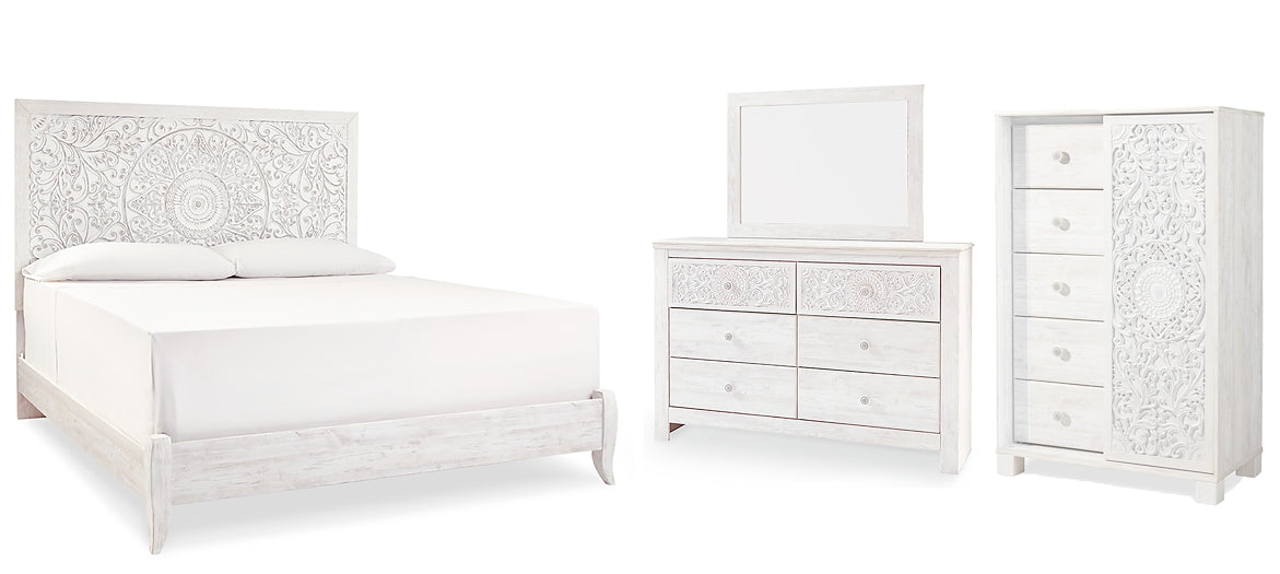 Paxberry King Panel Bed with Mirrored Dresser and Chest at Walker Mattress and Furniture Locations in Cedar Park and Belton TX.