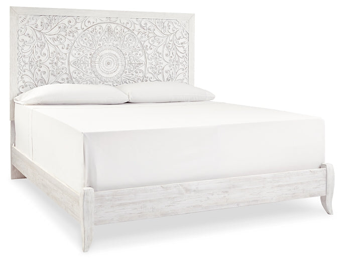 Paxberry King Panel Bed with Mirrored Dresser and Chest at Walker Mattress and Furniture Locations in Cedar Park and Belton TX.