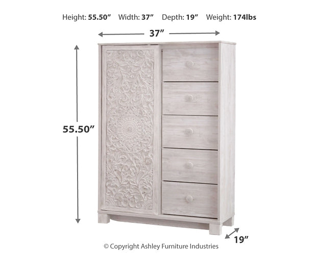 Paxberry King Panel Bed with Mirrored Dresser and Chest at Walker Mattress and Furniture Locations in Cedar Park and Belton TX.