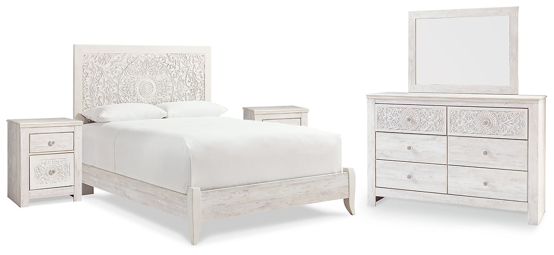 Paxberry Queen Panel Bed with Mirrored Dresser and 2 Nightstands at Walker Mattress and Furniture Locations in Cedar Park and Belton TX.