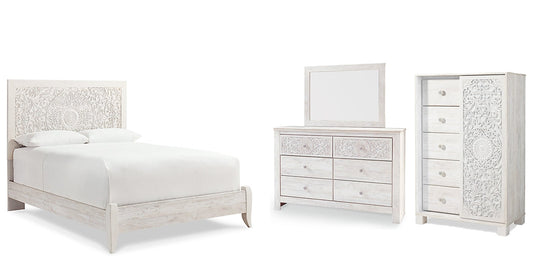 Paxberry Queen Panel Bed with Mirrored Dresser and Chest at Walker Mattress and Furniture Locations in Cedar Park and Belton TX.